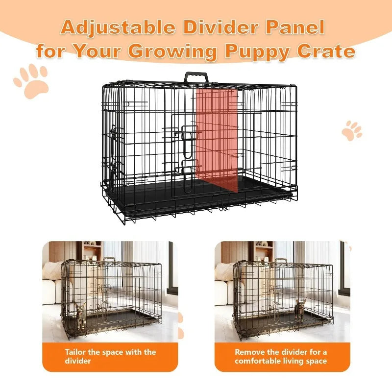 42 Inch Dog Crate for Large Dogs with Divider and Leak-Proof Pan Tray Double Door Folding Metal Cage Indoor Outdoor Travel