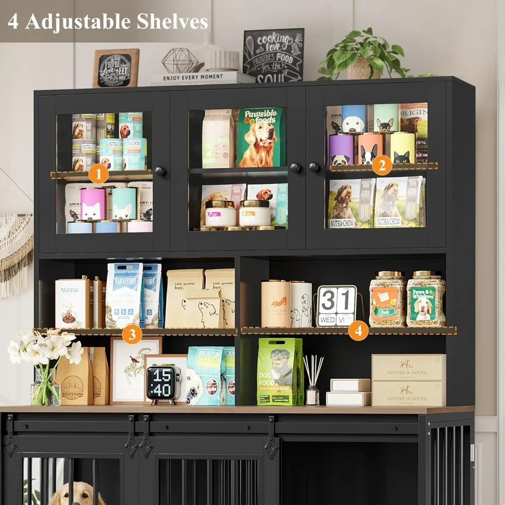 Extra Large Double Dog Crate with Storage Hutch and Feeding Bowls,