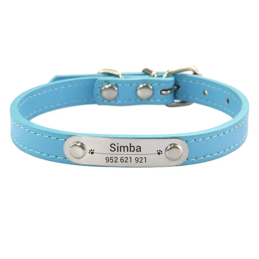 Personalized Dog Collar Name Carved 16 Colors Solid PU Leather Collar