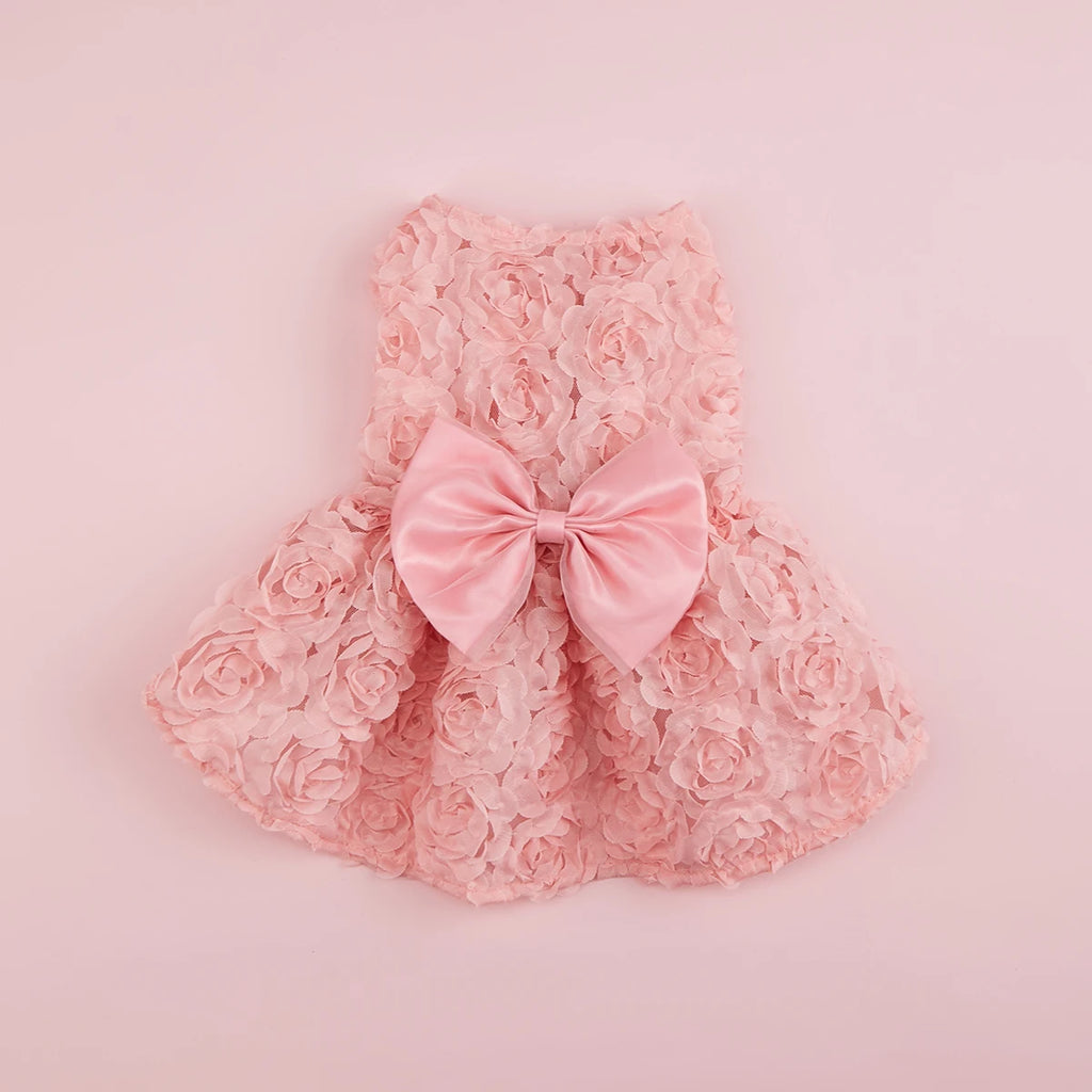 Princess Dress Embroidered Flower Pet Pink Bowknot Princess