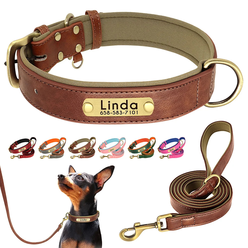 Leather Dog Collar Leash And Collar With Free Engraved Nameplate