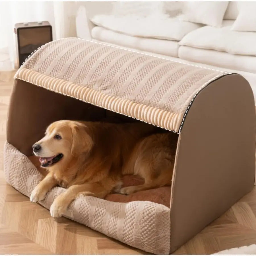 Dog House Indoor, Foldable Pet House Bed with Removable Plush Cushion,