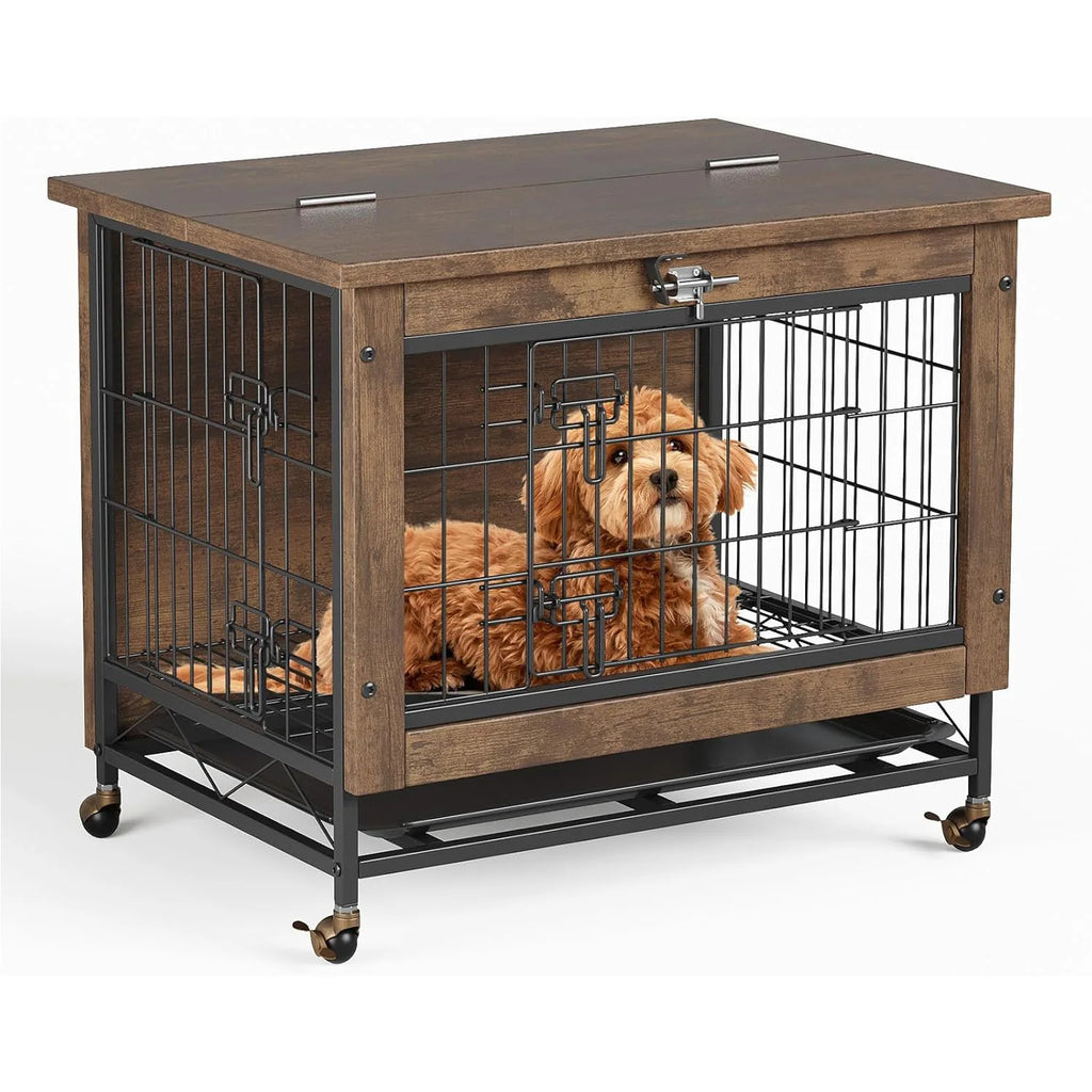 Rustic Dog Crate Furniture with Wheels  Heavy Duty Metal and Wood Dog Kennel