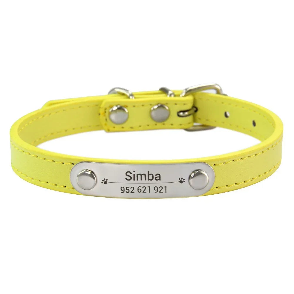 Personalized Dog Collar Name Carved 16 Colors Solid PU Leather Collar