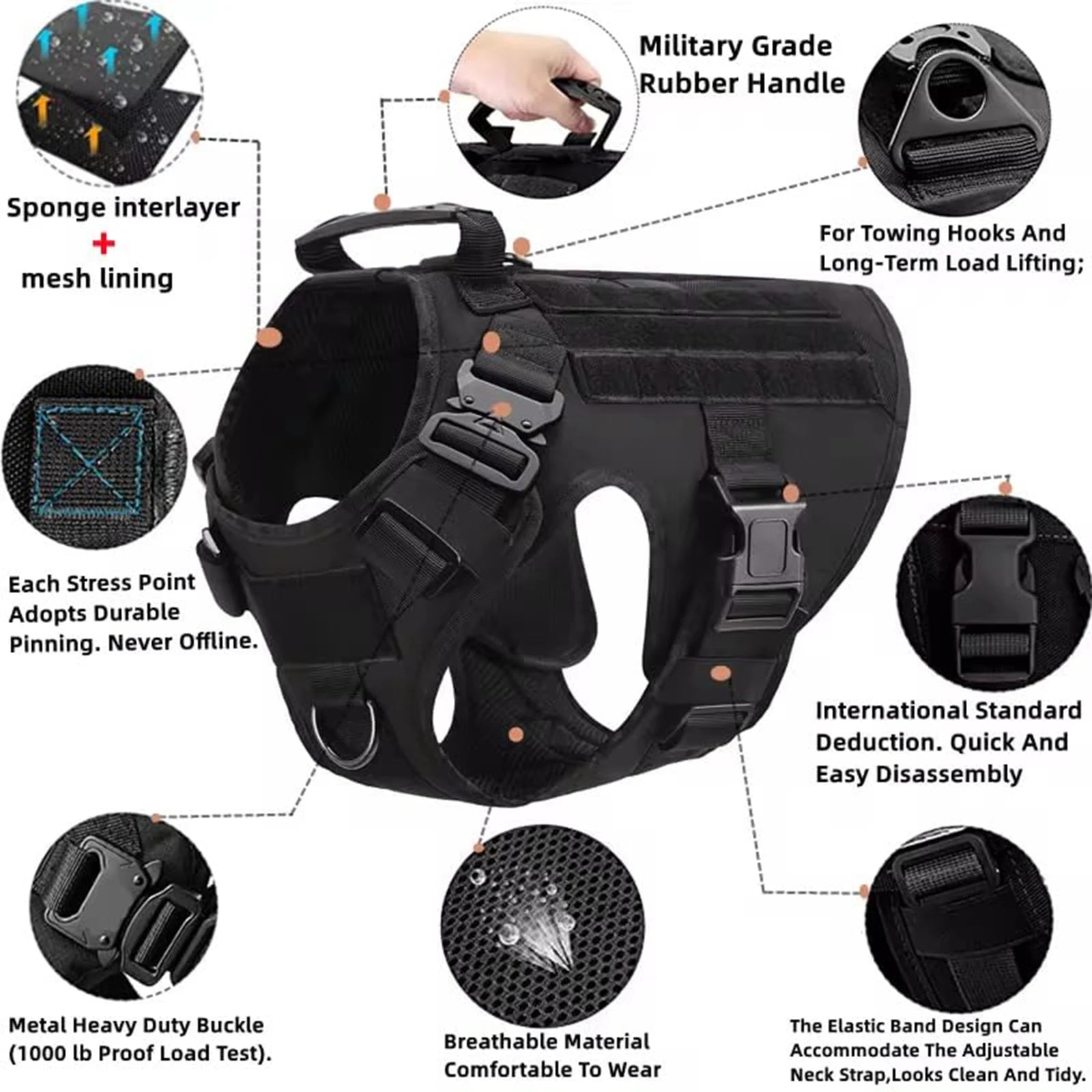 Tactical Dog Harness Collar Leash Pouches For Medium Large Dogs