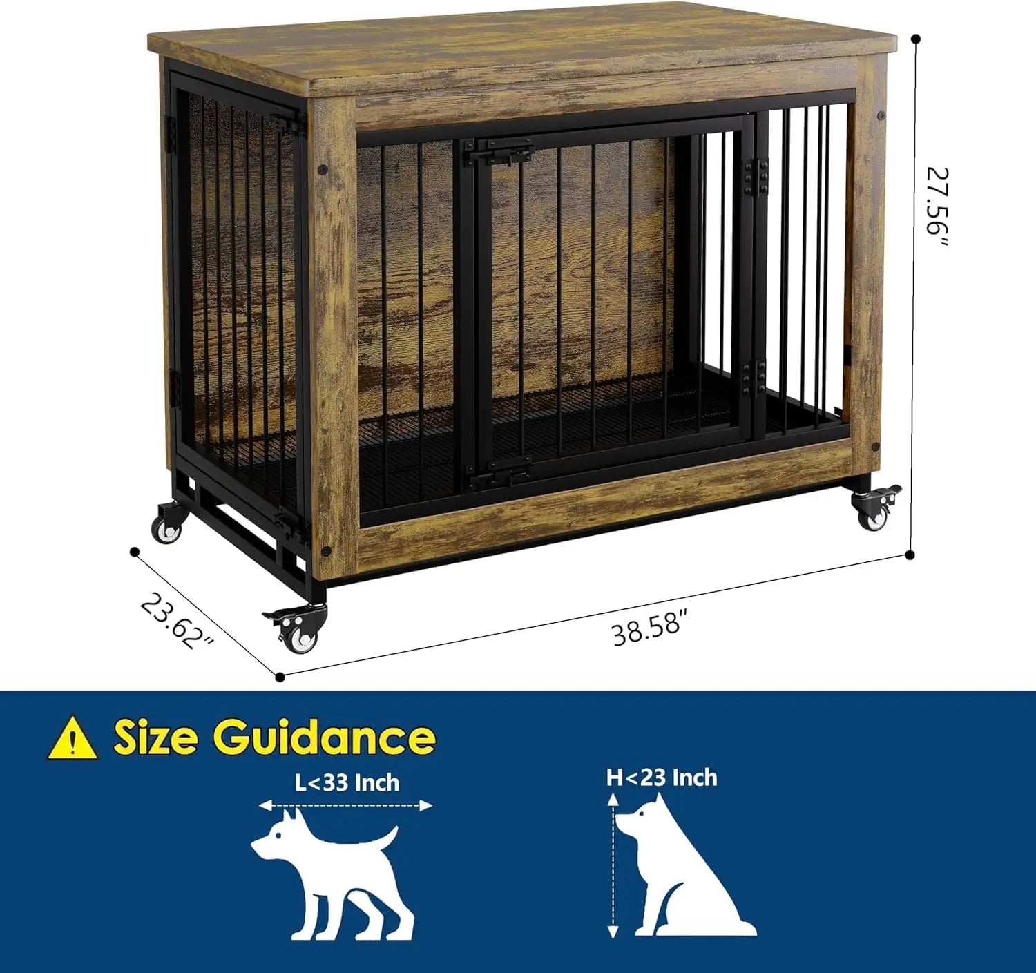 Wooden Dog Crate Furniture with 3 Doors & Wheels Heavy Duty