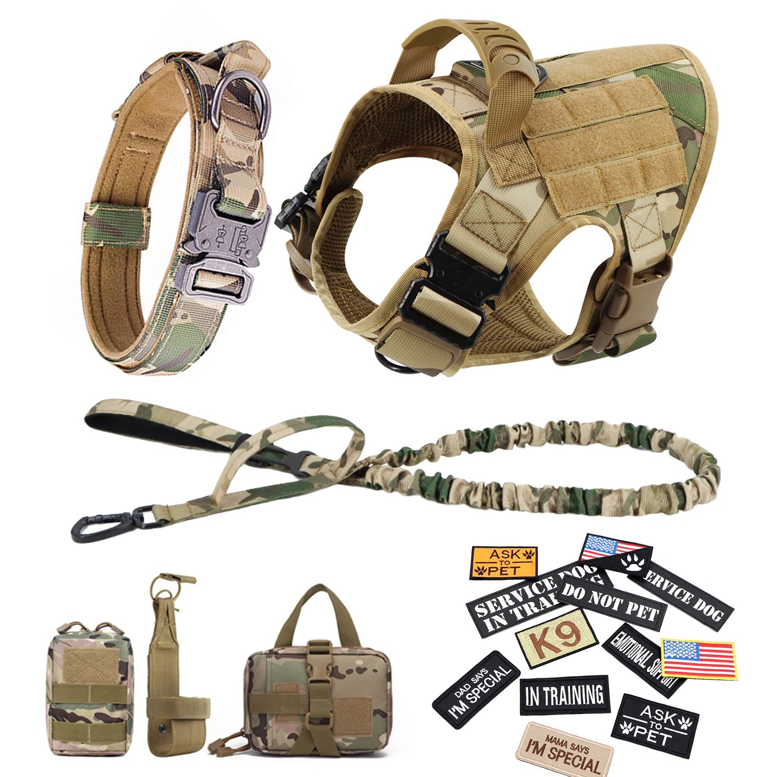 Military Large Dog Harness Collar Leash Bags Patches Set