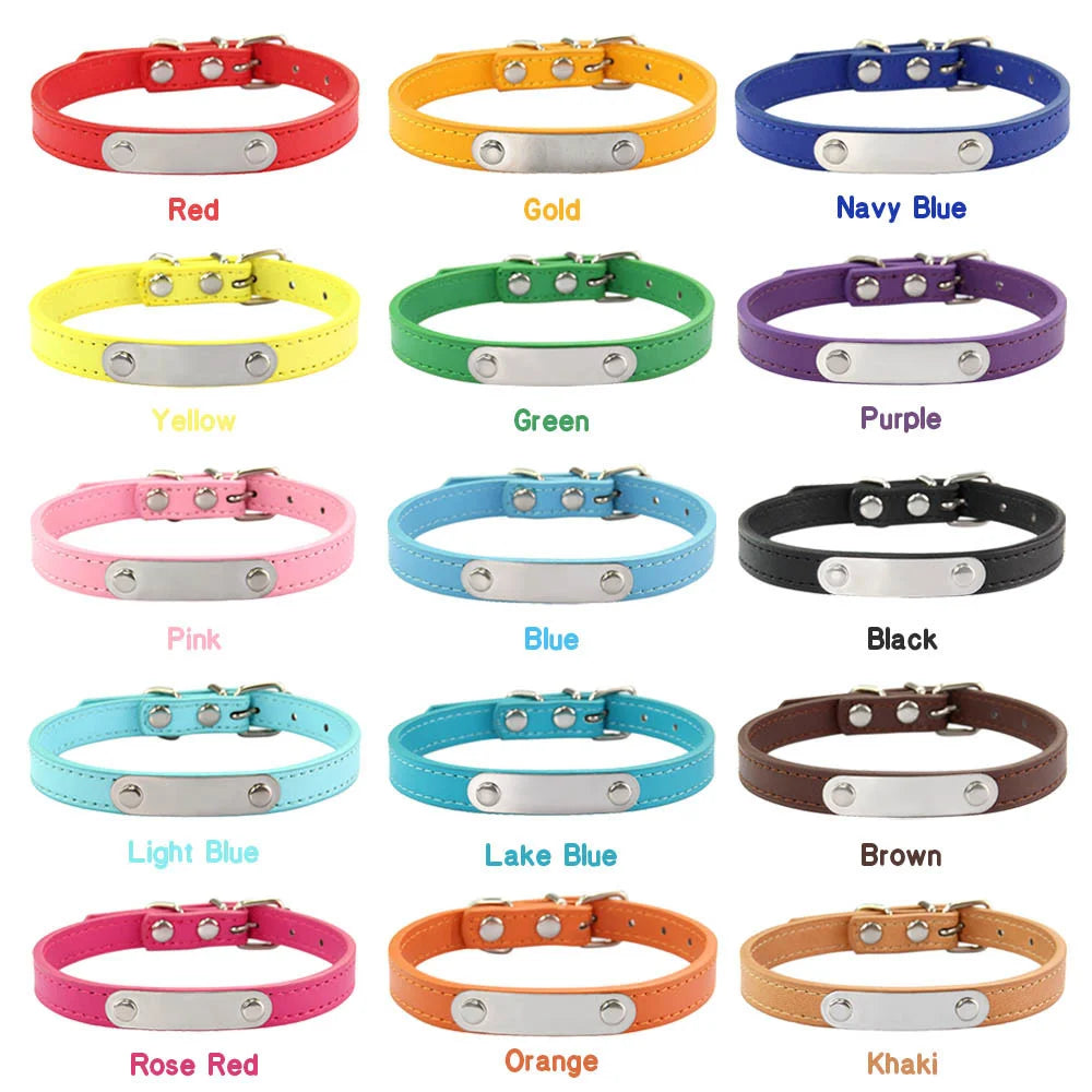 Personalized Dog Collar Name Carved 16 Colors Solid PU Leather Collar