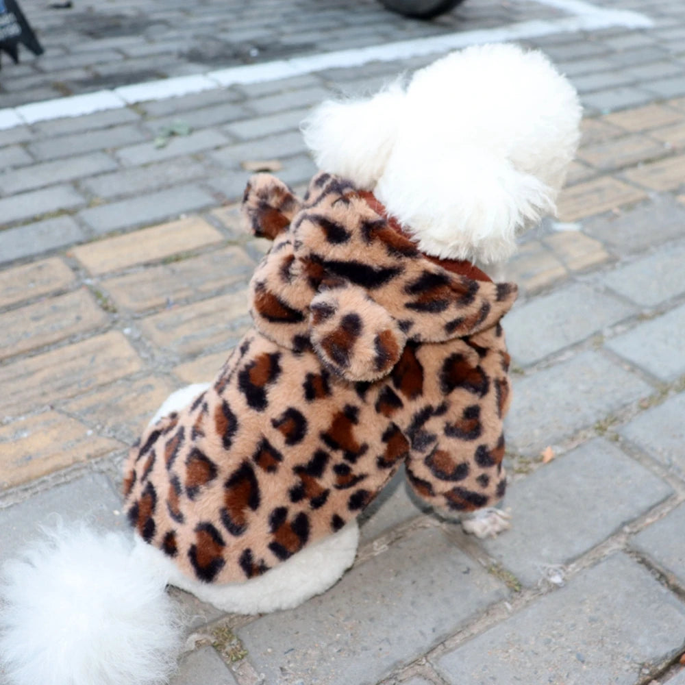 Winter Pet Dog Clothes Warm Fleece Dog Hoodie Leopard Dog Coat