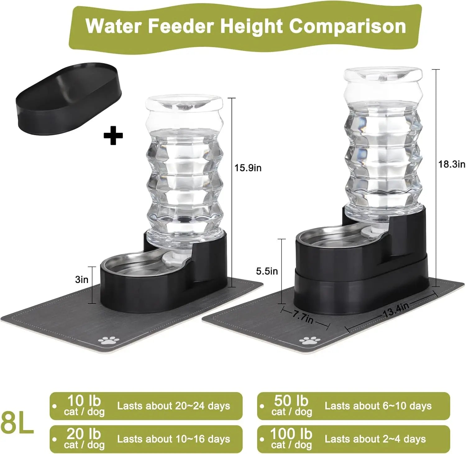 Large 8L Gravity Water Dispenser for Dogs Stainless Steel with Triple Filter