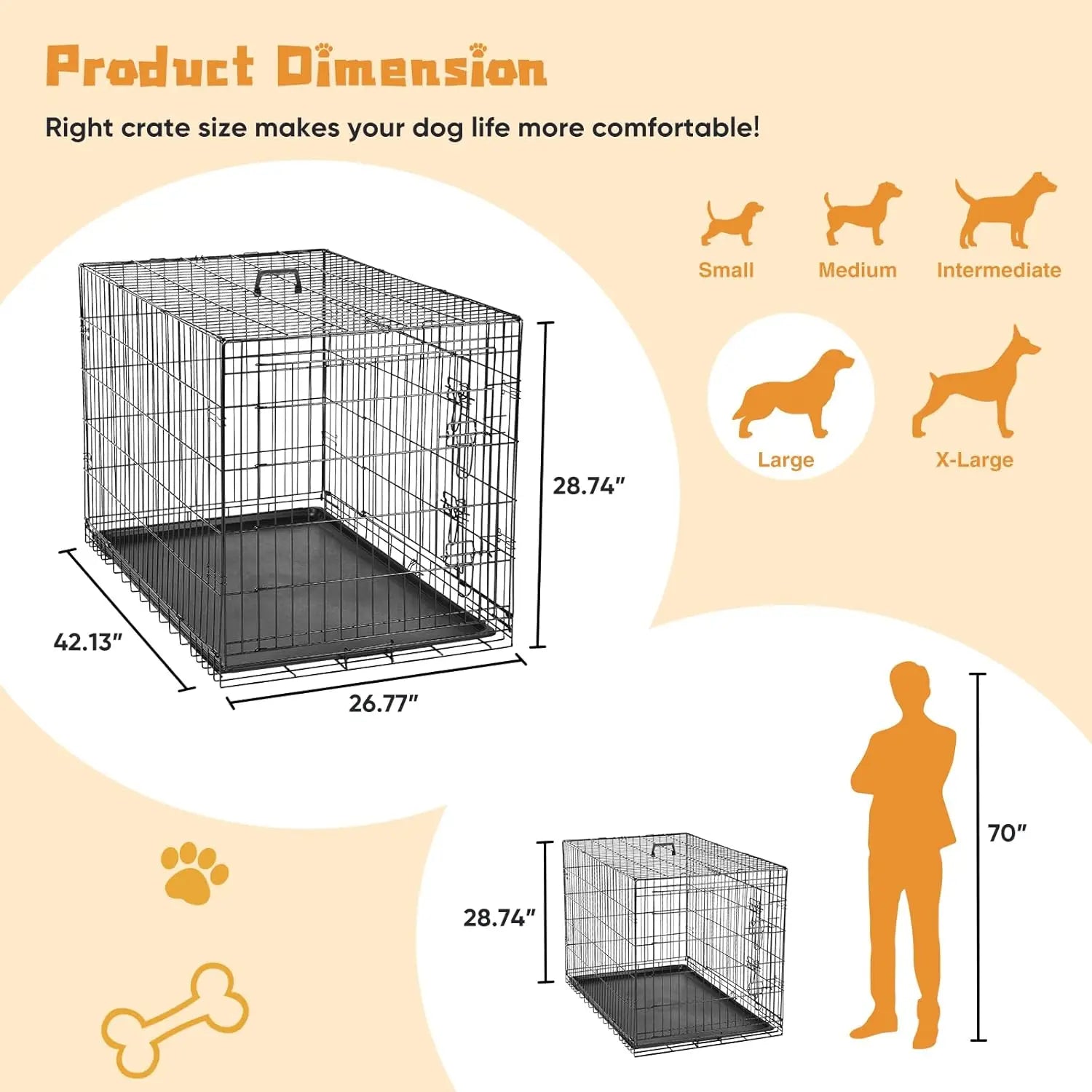 42 Inch Large Double Door Dog Cage with Leak-Proof Tray