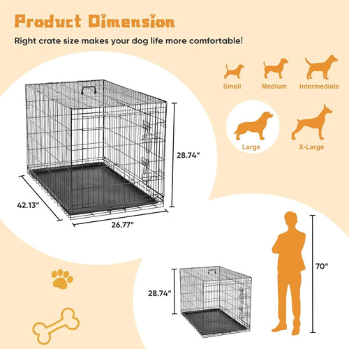 42 Inch Large Double Door Dog Cage with Leak-Proof Tray