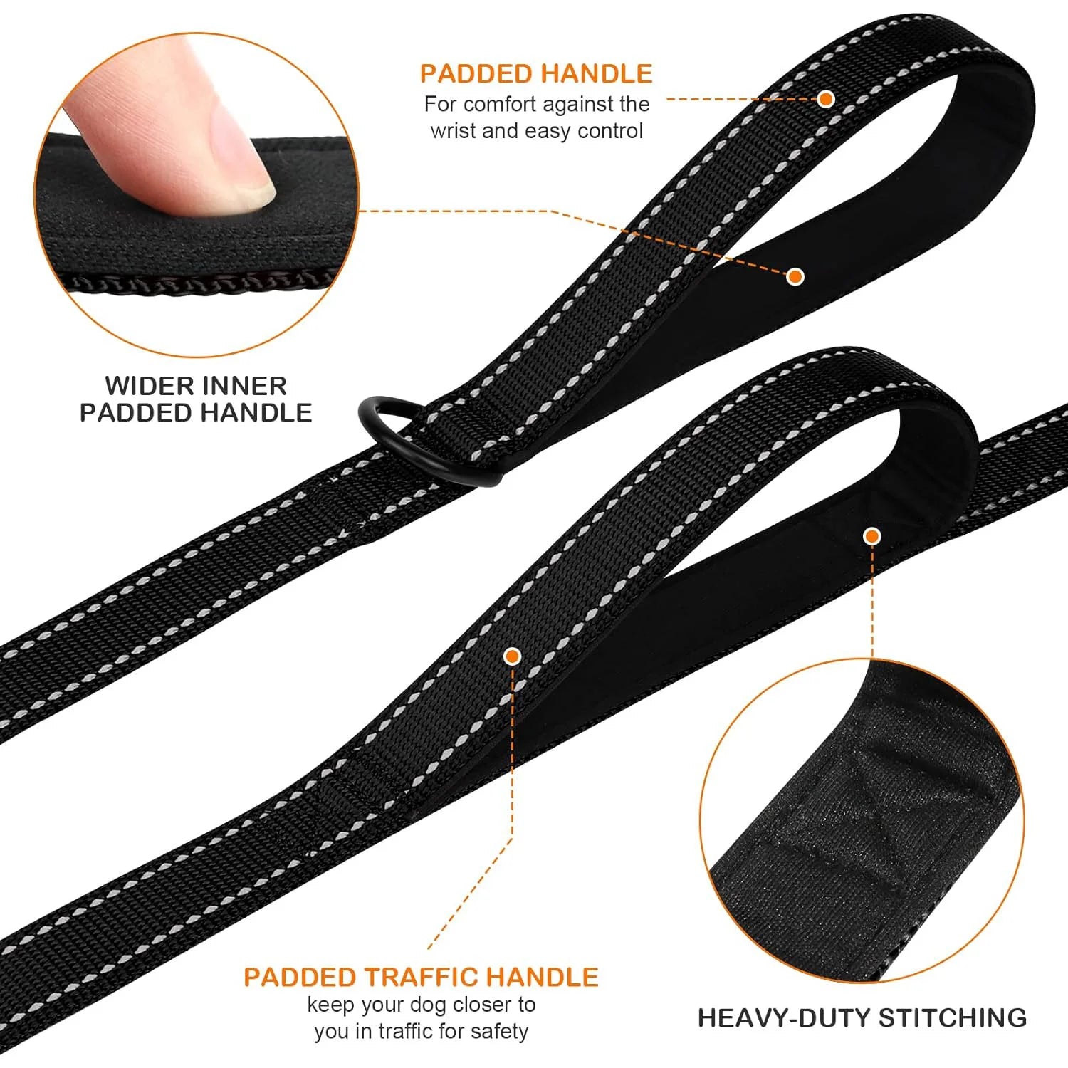 Heavy Handle Dog Leash with Reflective Strips for Night Safety