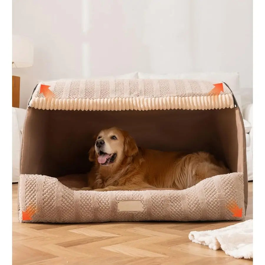 Dog House Indoor, Foldable Pet House Bed with Removable Plush Cushion,