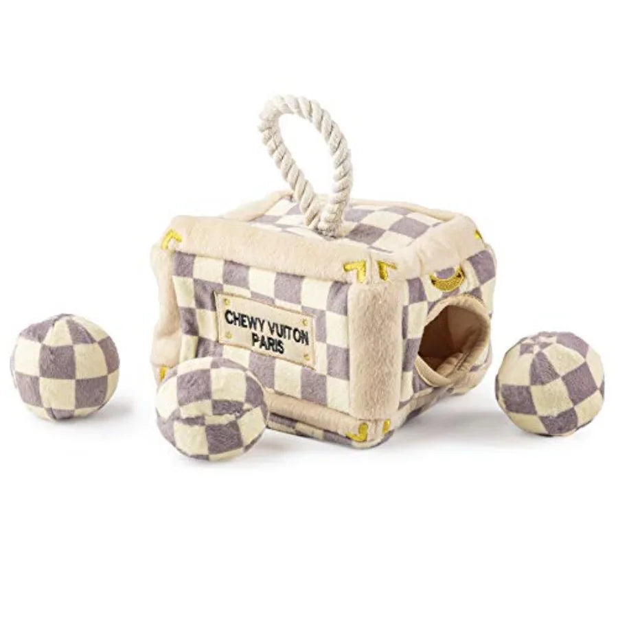Checker Chewy Vuiton Trunk Activity House Plush Designer Dog Toys