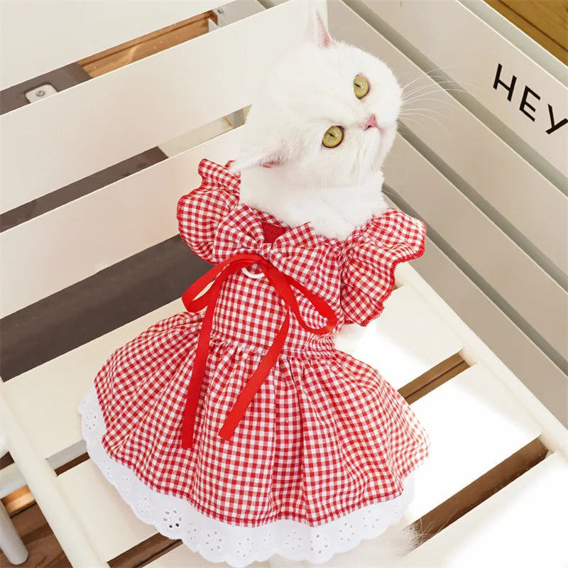 Summer Pet Dress Floral Pattern Plaid Skirts