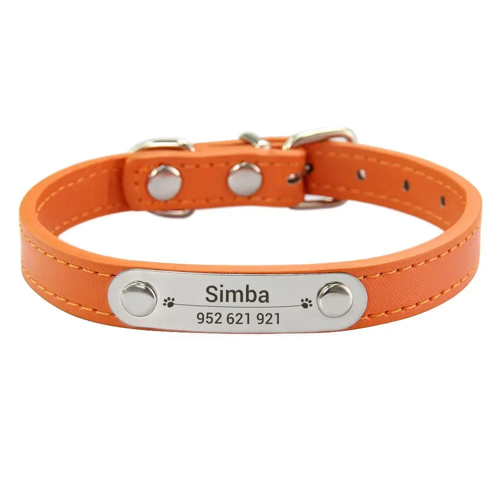 Personalized Dog Collar Name Carved 16 Colors Solid PU Leather Collar