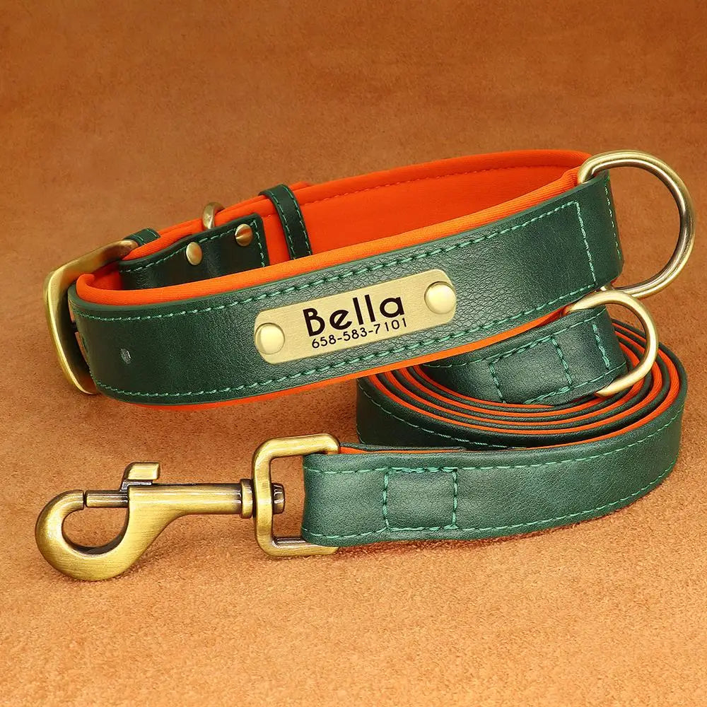 Leather Dog Collar Leash And Collar With Free Engraved Nameplate