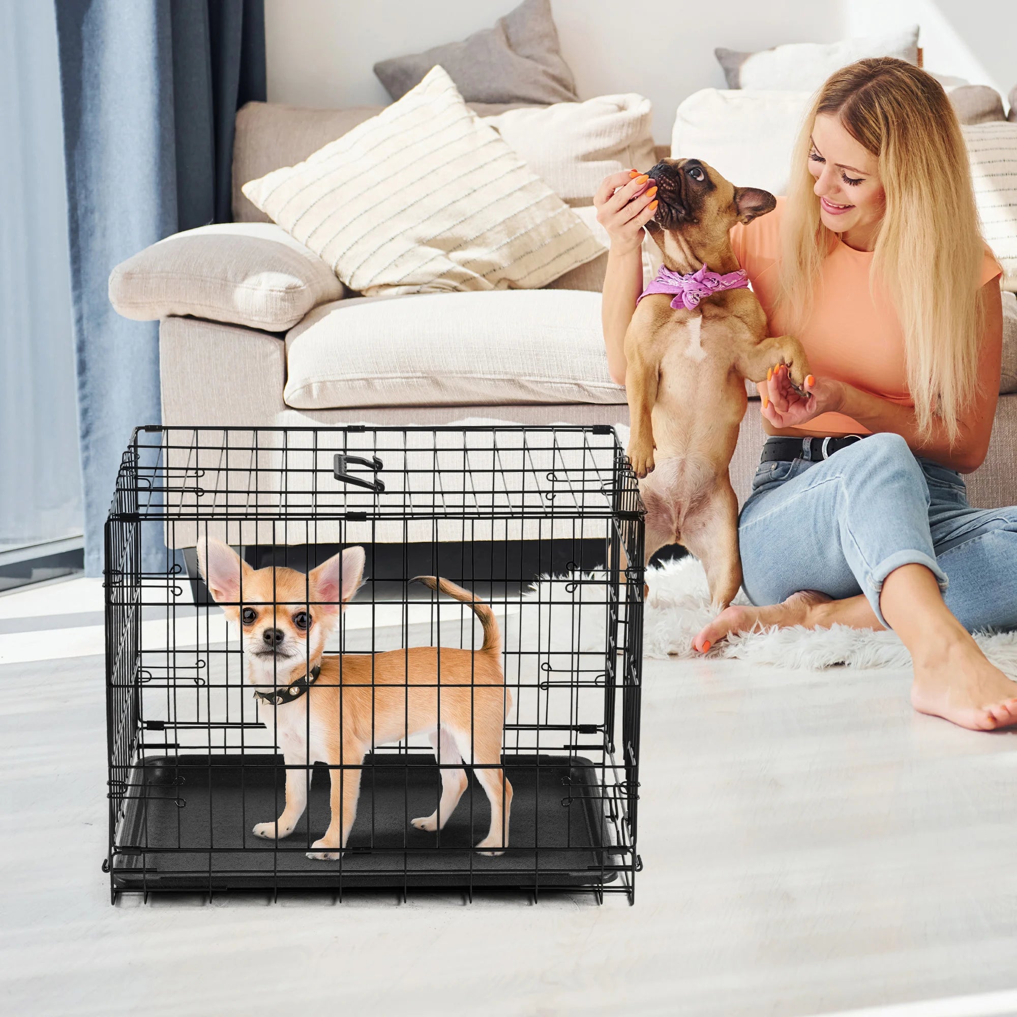 Folding Metal Wire Dog Cage with Plastic Leak-Proof Pan Tray