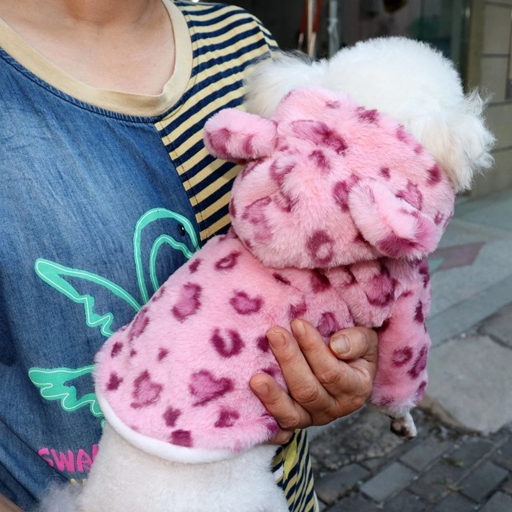 Winter Pet Dog Clothes Warm Fleece Dog Hoodie Leopard Dog Coat