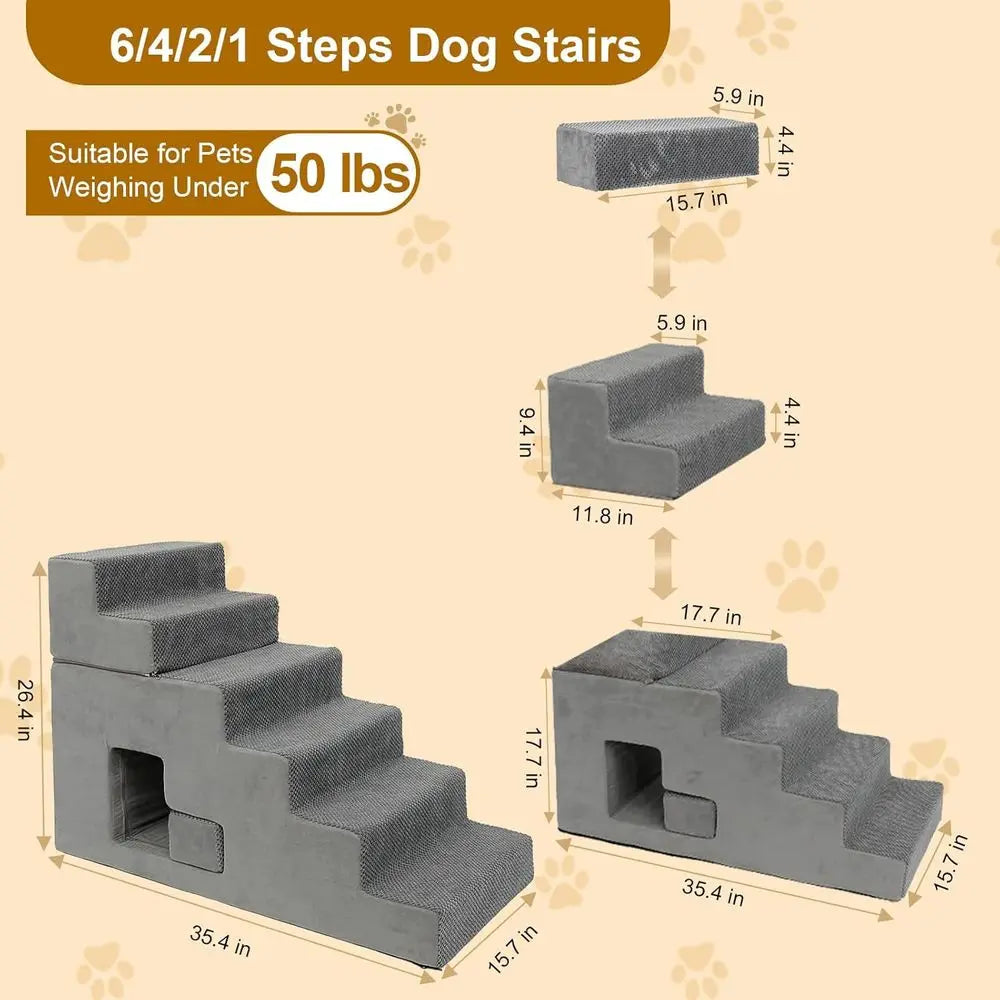Pet Steps for Small Dogs: 6-Step Foam Stairs with Non-Slip Cover for High Beds