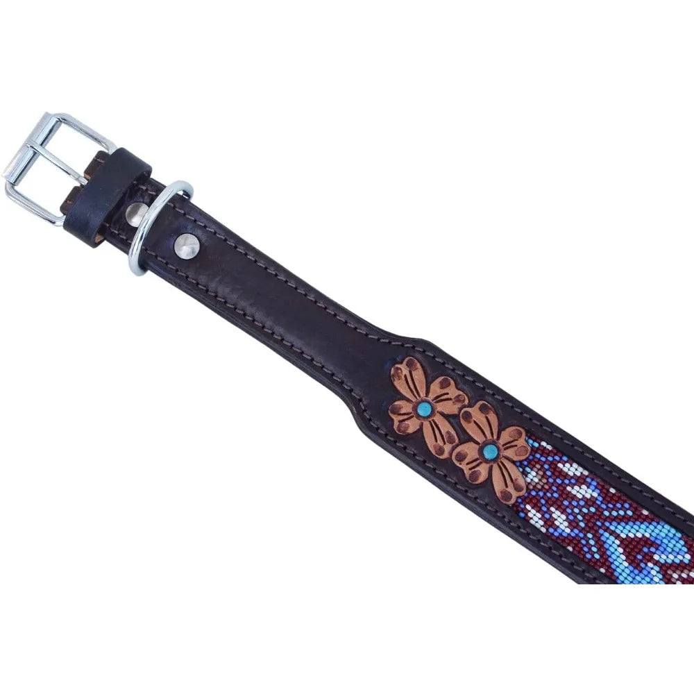 Heavy-Duty Adjustable Leather Dog Collar - Large Size Western Style,