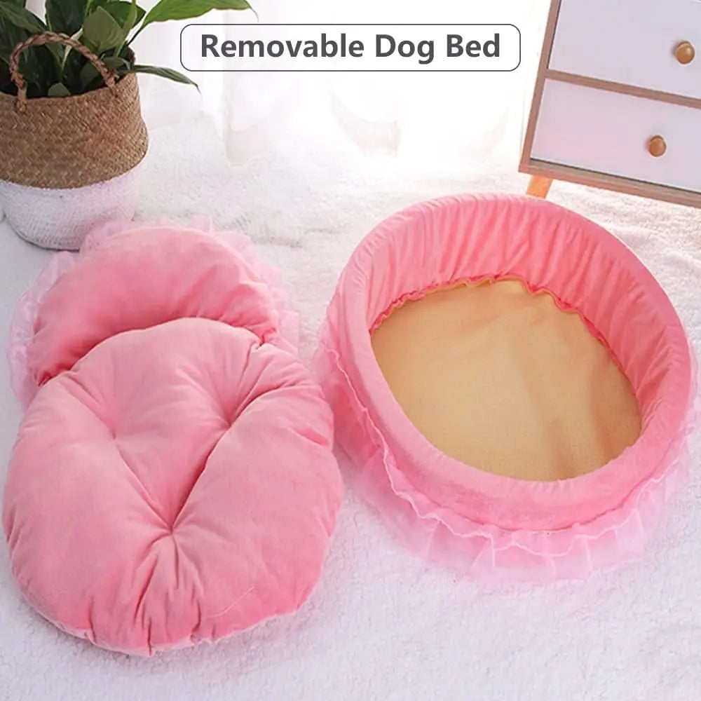 Pink Dog Bed Washable Princess Couch Soft Plush Pet Sofa with Bowknot.