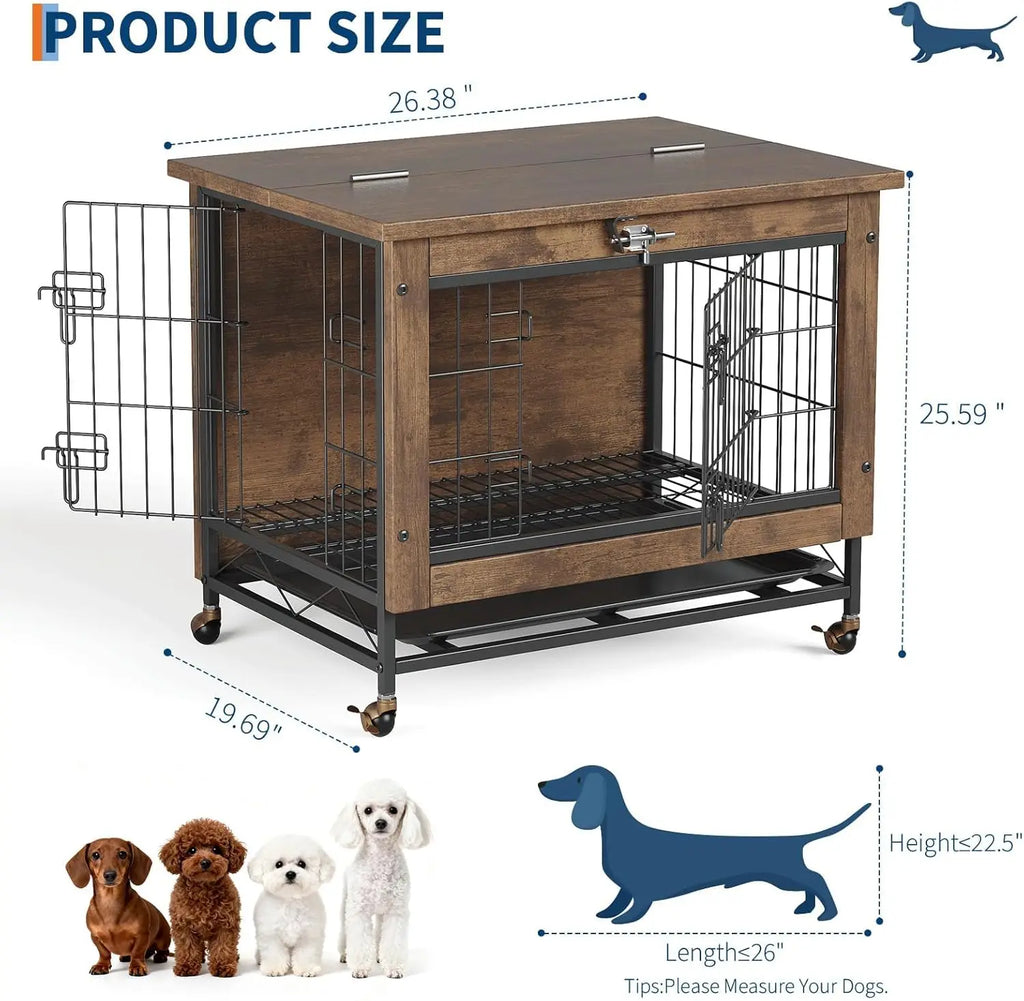 Rustic Dog Crate Furniture with Wheels  Heavy Duty Metal and Wood Dog Kennel