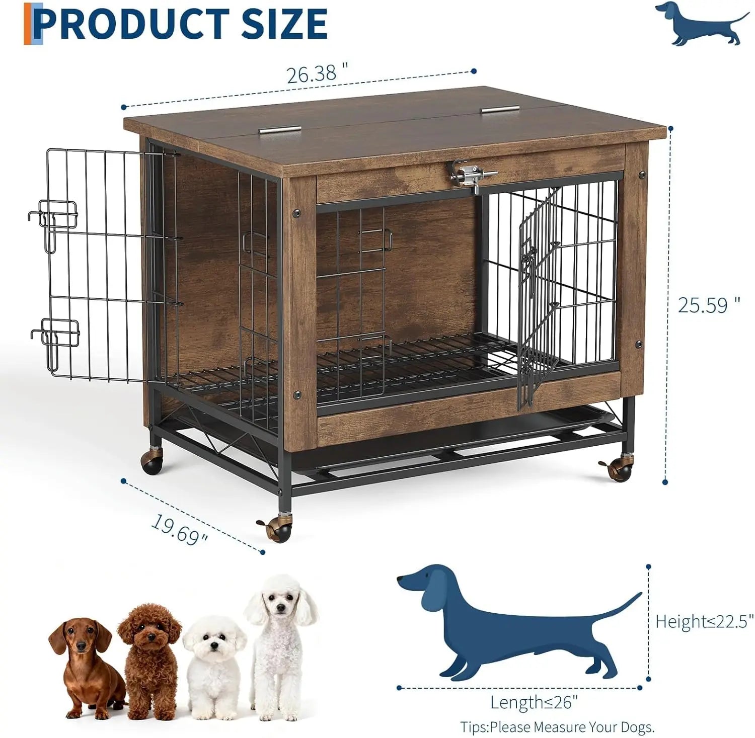 Rustic Dog Crate Furniture with Wheels  Heavy Duty Metal and Wood Dog Kennel