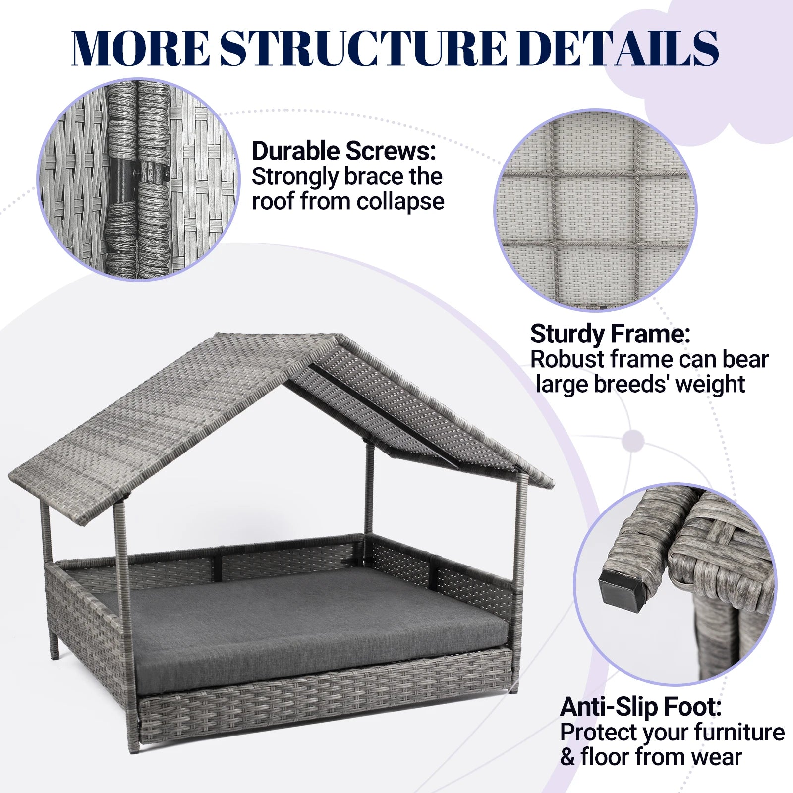 Wicker Dog House, Elevated Rattan Dog Bed with Canopy