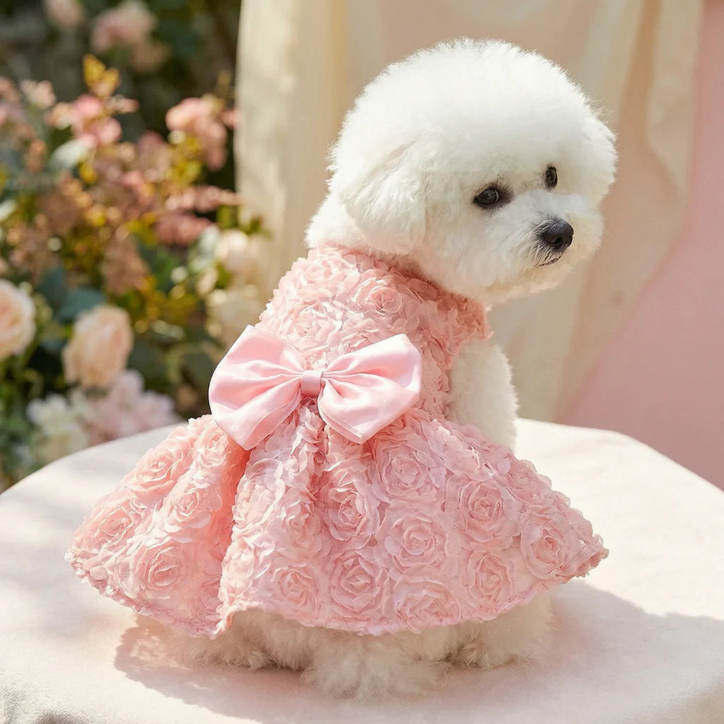 Princess Dress Embroidered Flower Pet Pink Bowknot Princess