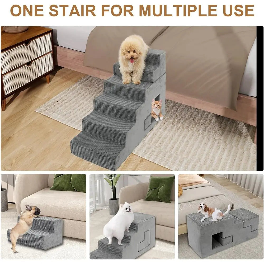 Pet Steps for Small Dogs: 6-Step Foam Stairs with Non-Slip Cover for High Beds