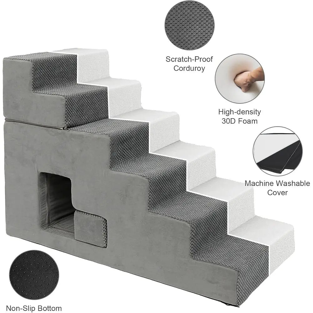 Pet Steps for Small Dogs: 6-Step Foam Stairs with Non-Slip Cover for High Beds