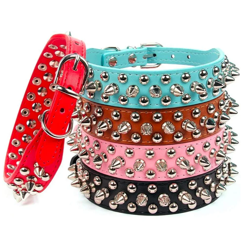 Leather Pet Dog Collar Neck Strap Leather Punk Rivet Spiked Dog Collar