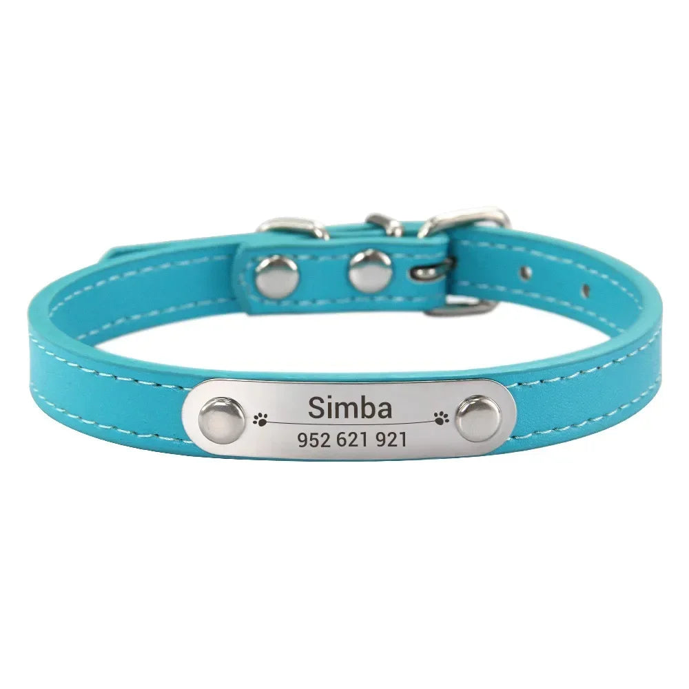 Personalized Dog Collar Name Carved 16 Colors Solid PU Leather Collar