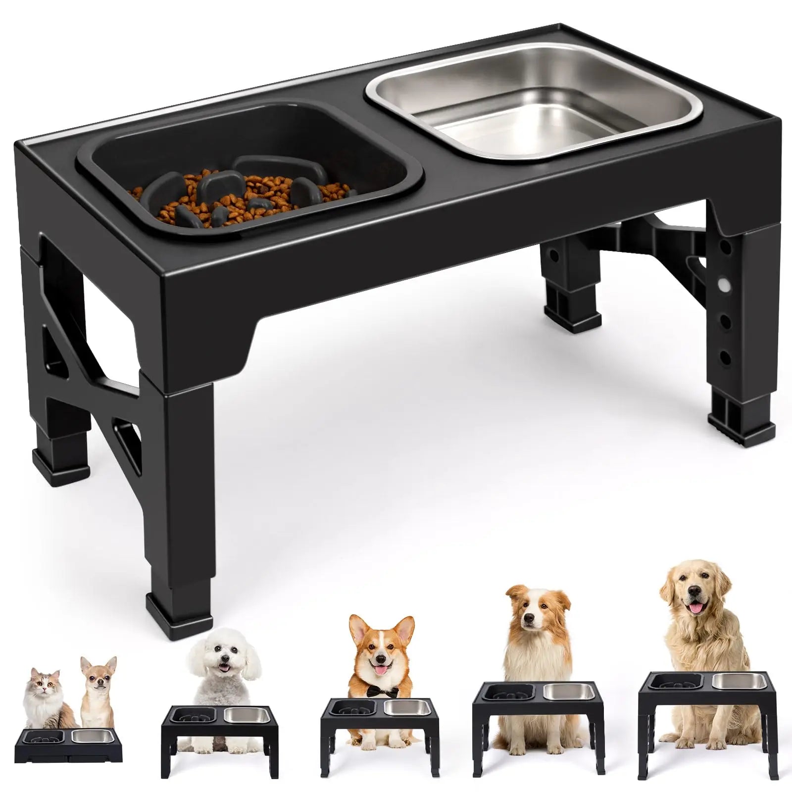 2-in-1 Elevated Slow Feeder Dog Bowls, Non-Slip Stainless Steel