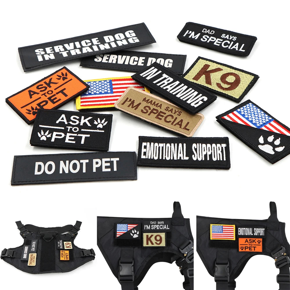Military Large Dog Harness Collar Leash Bags Patches Set