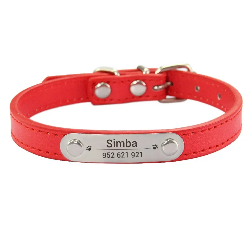 Personalized Dog Collar Name Carved 16 Colors Solid PU Leather Collar