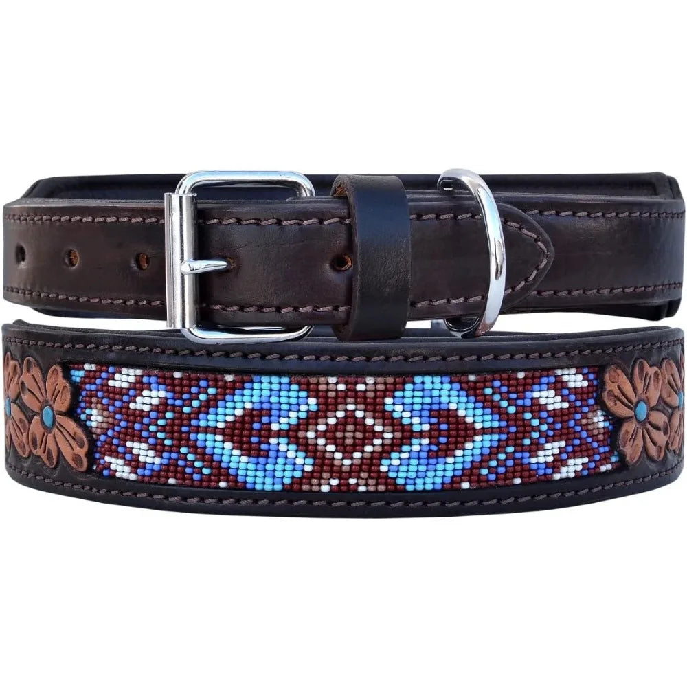 Heavy-Duty Adjustable Leather Dog Collar - Large Size Western Style,