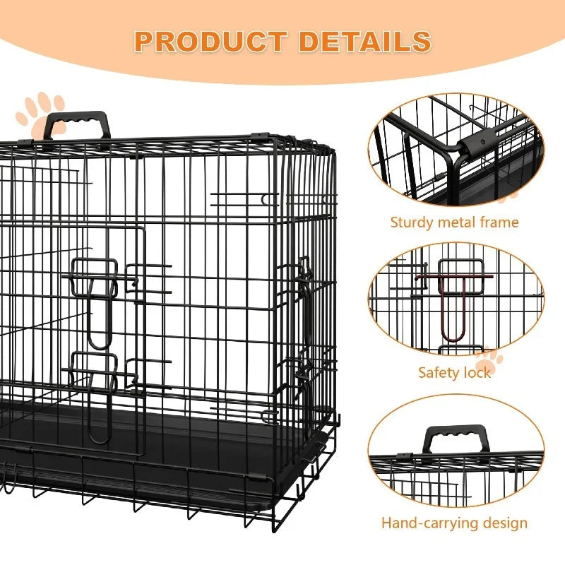 42 Inch Dog Crate for Large Dogs with Divider and Leak-Proof Pan Tray Double Door Folding Metal Cage Indoor Outdoor Travel