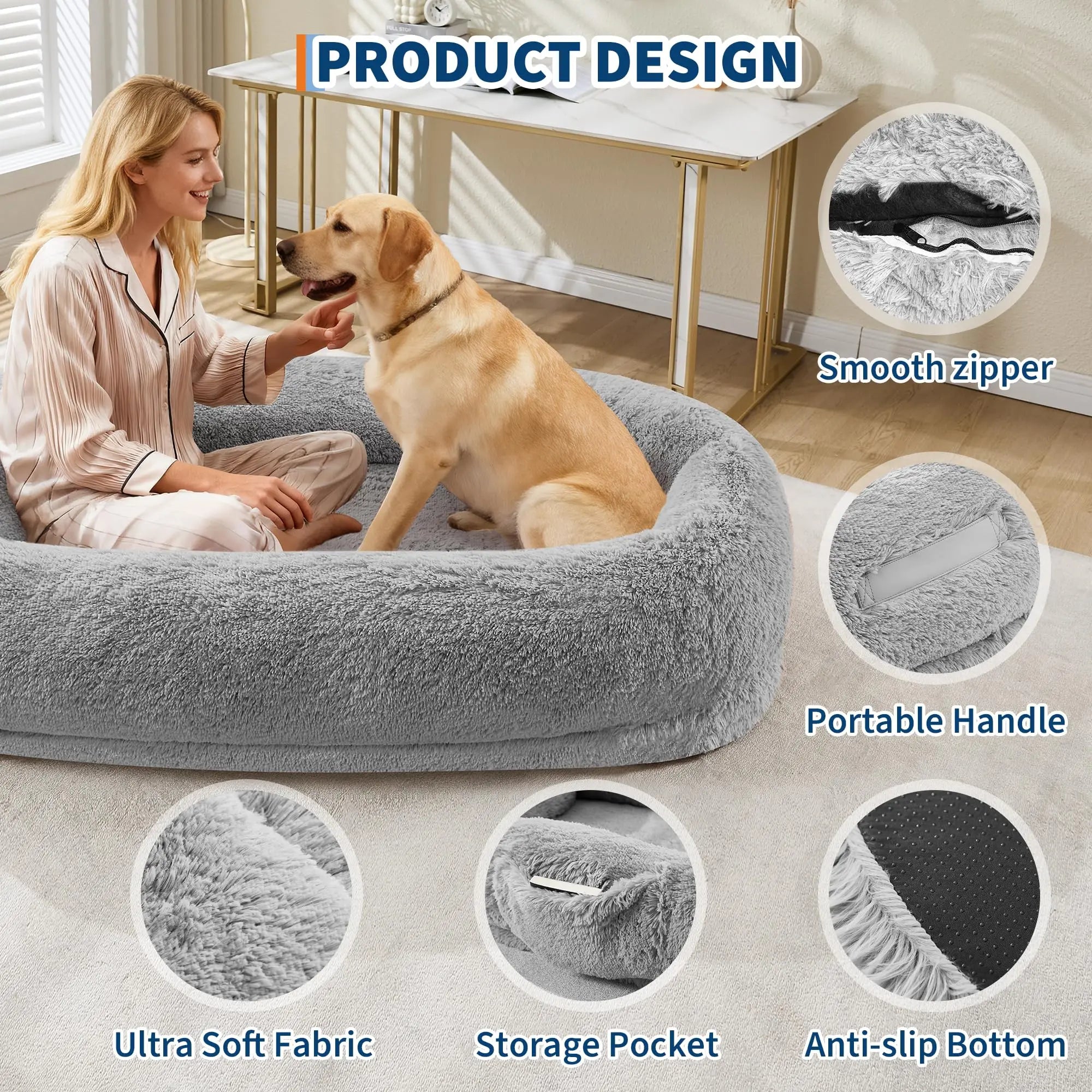 Oversized Human Dog Bed Orthopedic Faux Fur Pet Bed With Pillow