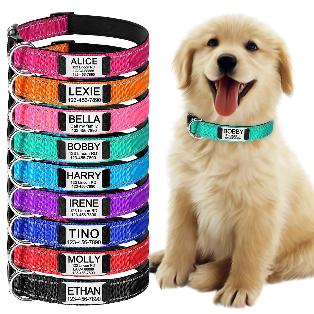 Adjustable Reflective Dog Collar Nylon Custom Engraved Name ID Tag Personalized Luminous Puppy Gleamy Large Unisex Dog Collar