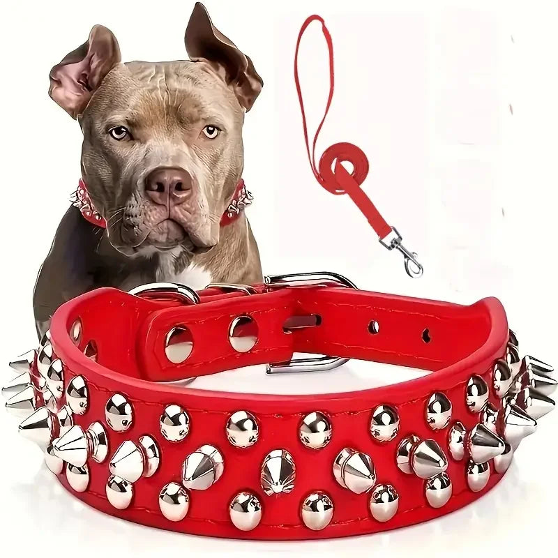 Spiked Dog Collar And Leash Set, Rivet Leather Dog Collar