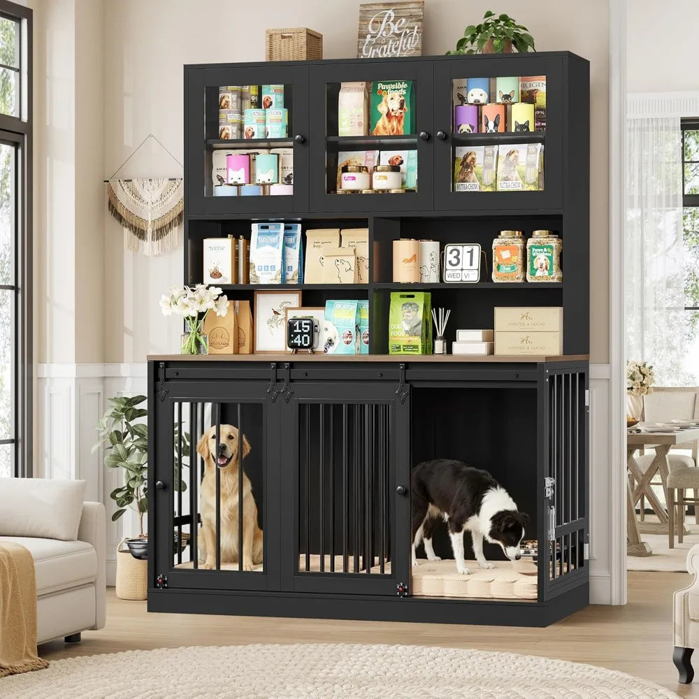 Extra Large Double Dog Crate with Storage Hutch and Feeding Bowls,