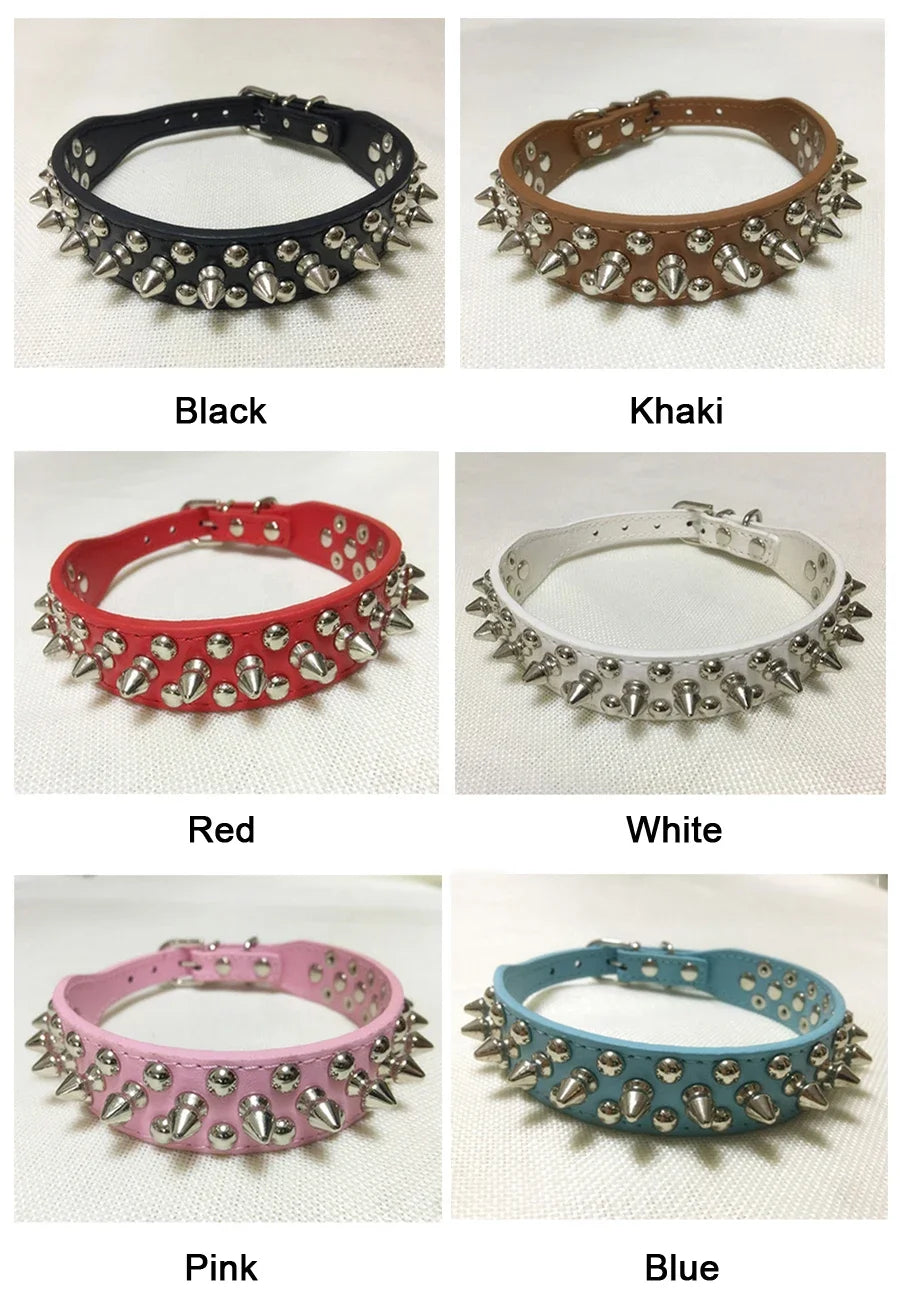 Leather Pet Dog Collar Neck Strap Leather Punk Rivet Spiked Dog Collar