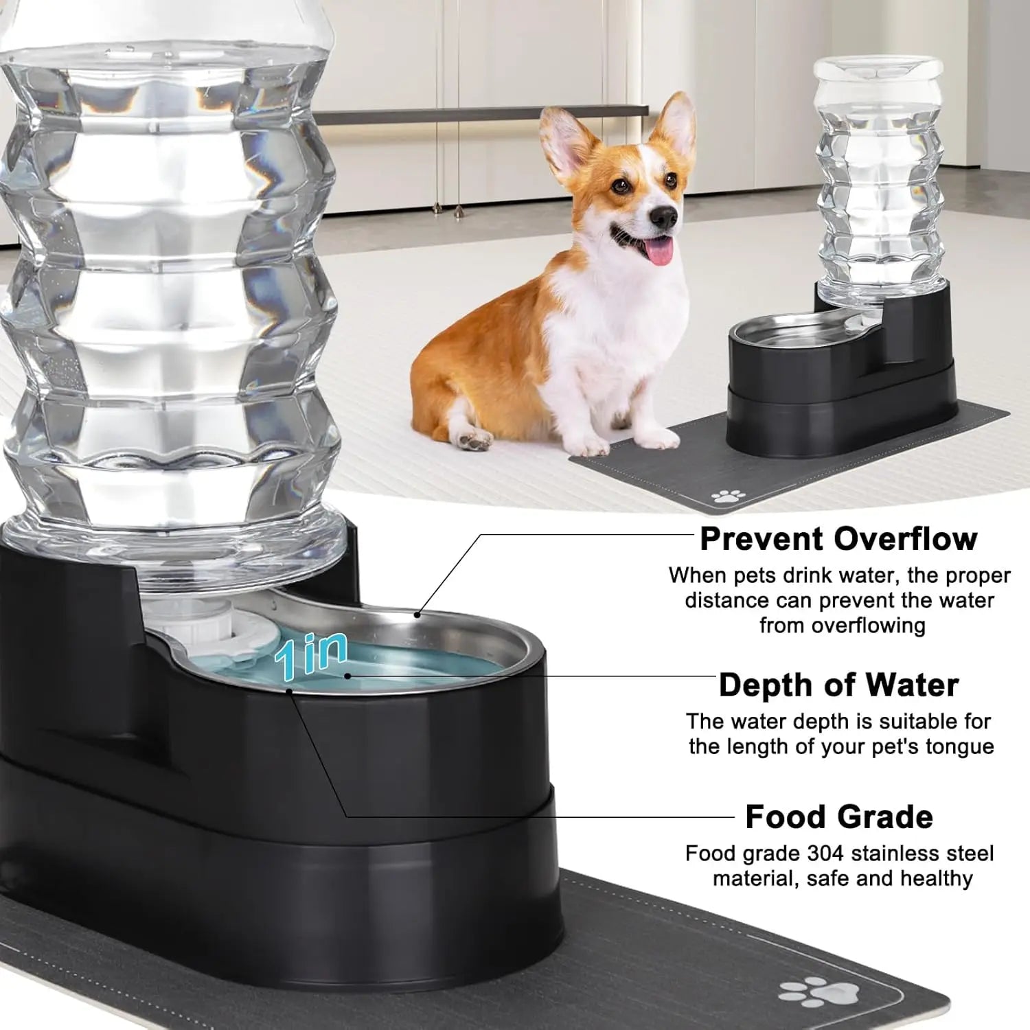 Large 8L Gravity Water Dispenser for Dogs Stainless Steel with Triple Filter