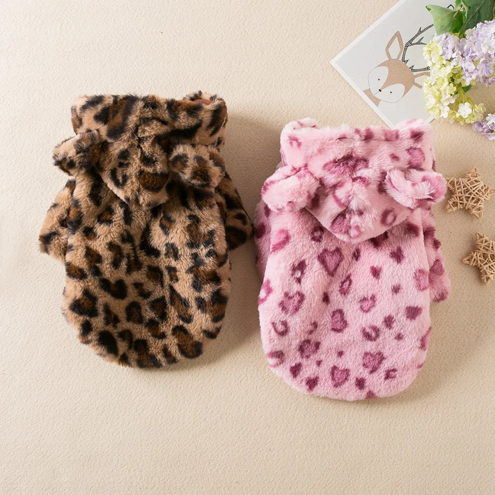 Winter Pet Dog Clothes Warm Fleece Dog Hoodie Leopard Dog Coat