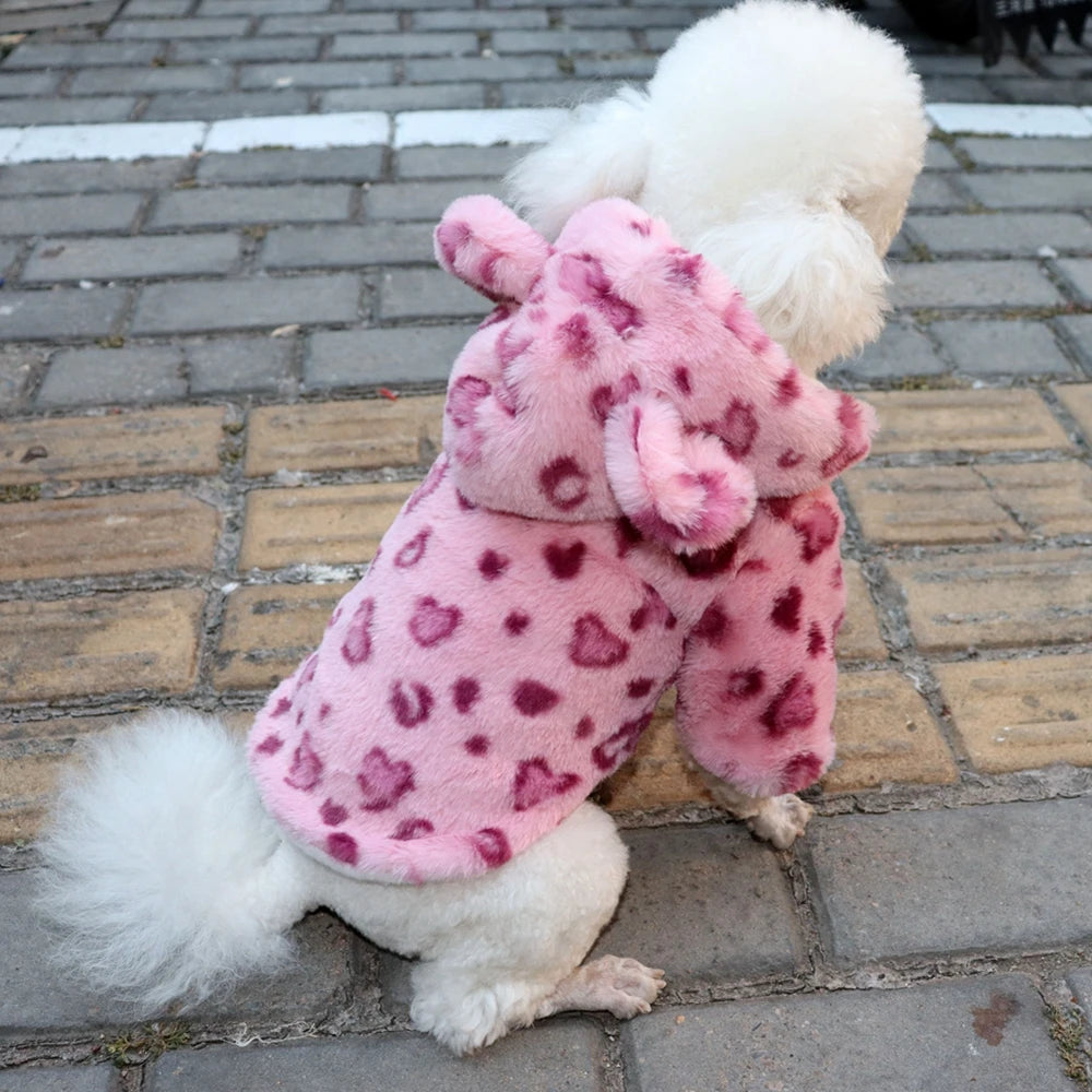 Winter Pet Dog Clothes Warm Fleece Dog Hoodie Leopard Dog Coat