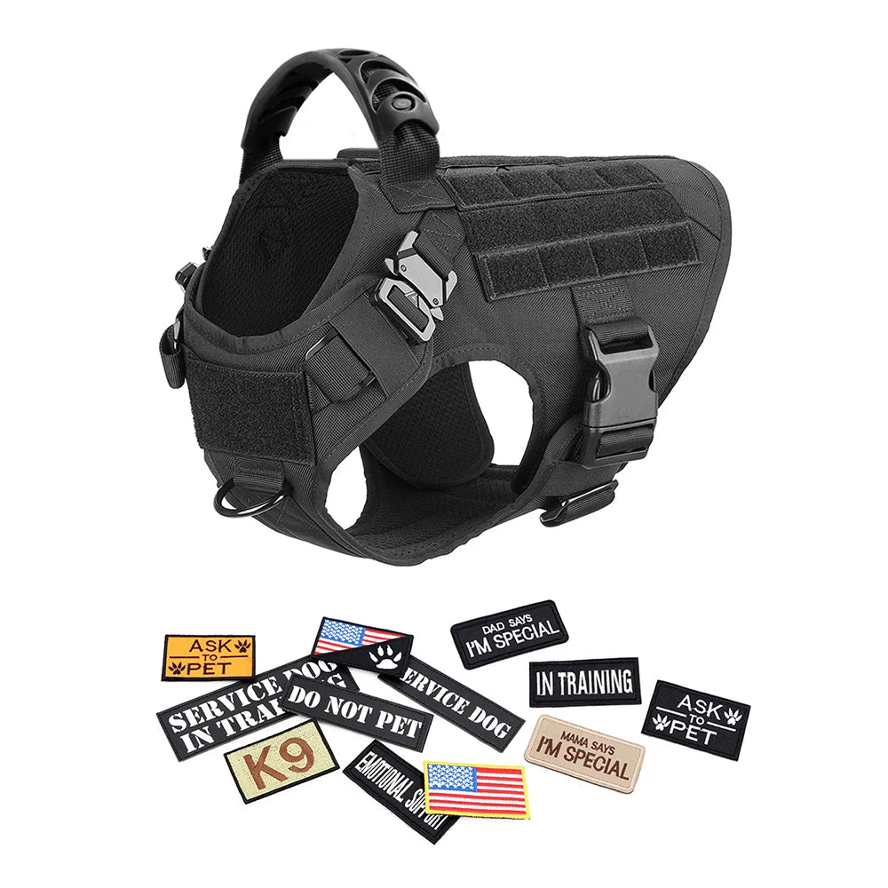 Military Large Dog Harness Collar Leash Bags Patches Set