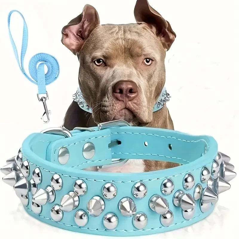 Spiked Dog Collar And Leash Set, Rivet Leather Dog Collar